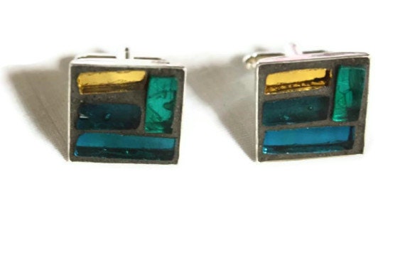 Blue, Green and Gold Glass  Mosaic Cufflinks, Men's Accessories, Cuff Links, Glass Mosaic