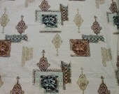 Huge Barkcloth Fabric Drapery Panel c.1950's 65 x 75" Gold Accents,Aqua,Tan