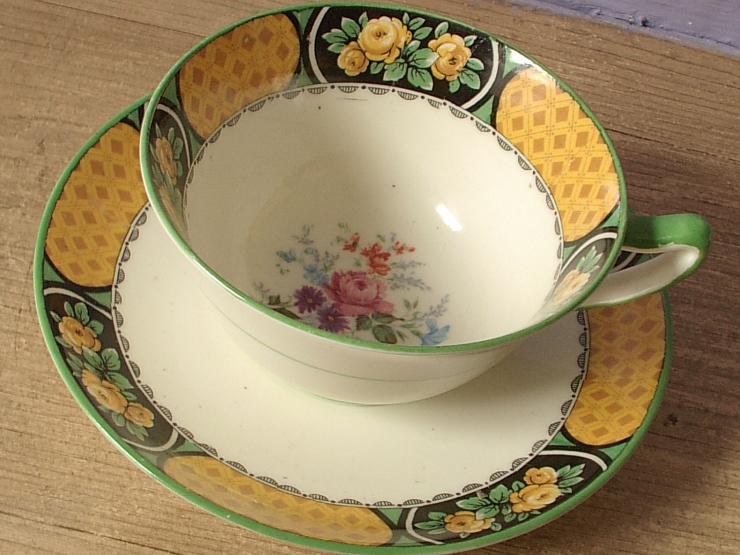 Antique English tea cup and saucer, vintage 1930's Paragon bone china tea cup, green yellow roses tea set