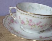 antique Bawo Dotter Elite Limoges France tea cup and saucer set, pink flowers, 1890's antique victorian porcelain tea set