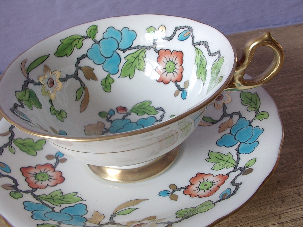 Antique hand painted tea cup set, vintage 1940's Royal Chelsea English tea set, blue green gold bone china tea cup