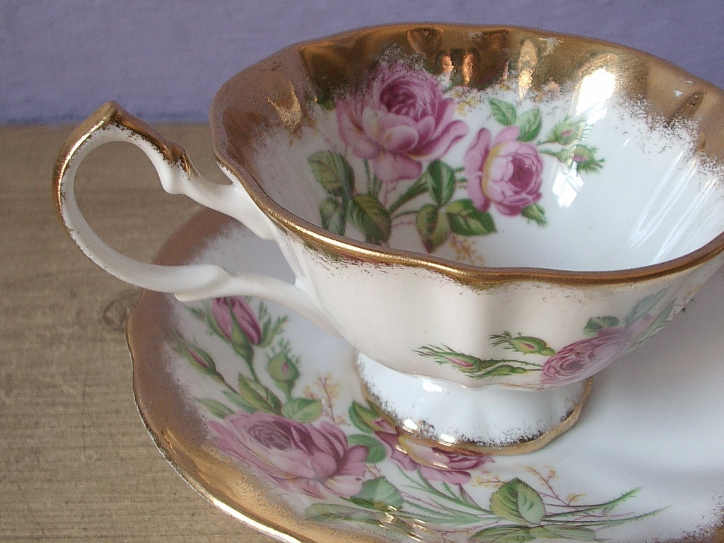 Antique pink roses tea cup set, vintage 1950's Queen Anne English tea set, gold bone china tea cup and saucer