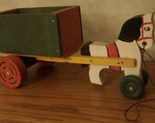 Vintage Folk Art Wooden Pony Horse & Cart Pull Toy Display Handmade Western