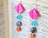 Button Beaded Earrings - Pink Blue Orange - Upcycled OOAK by RetroRevivalBoutique