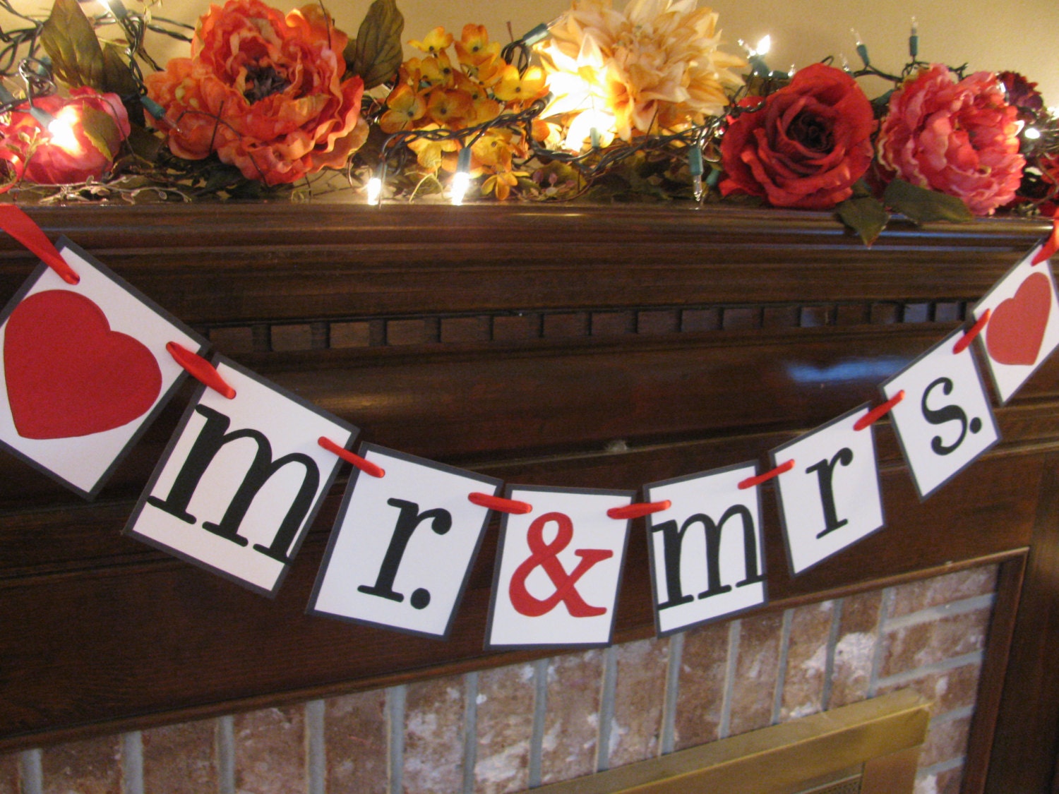 Wedding Banner  Mr. & Mrs. with Hearts Garland Bunting Black Red White Great Photo Prop Can Custom Colors