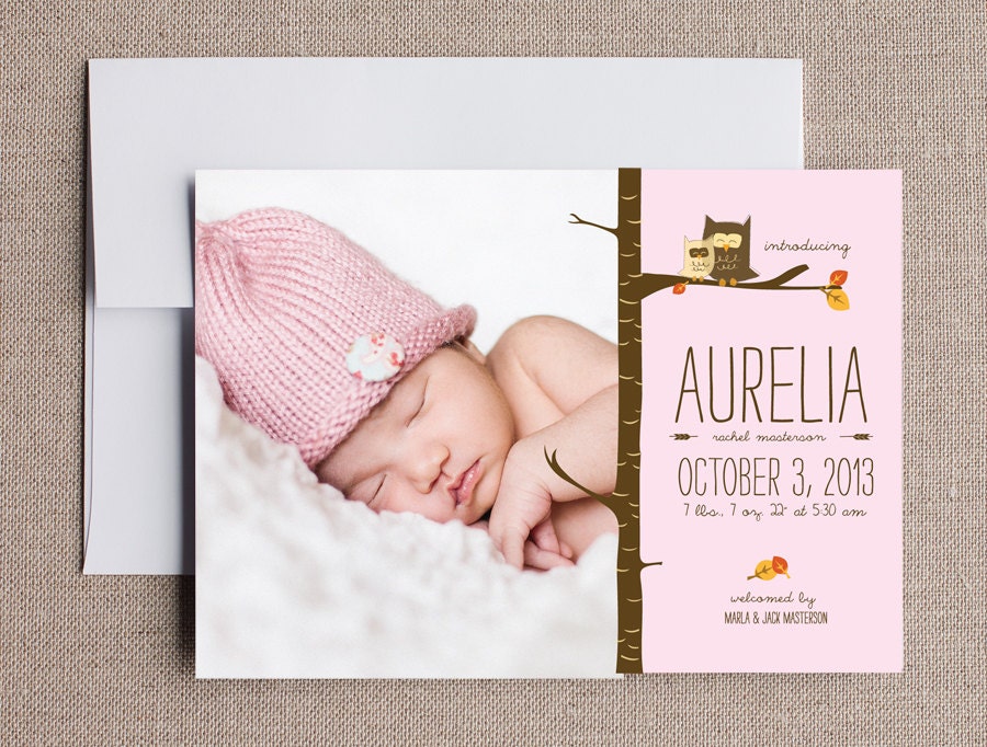 Owl Photo Birth Announcements in Pink