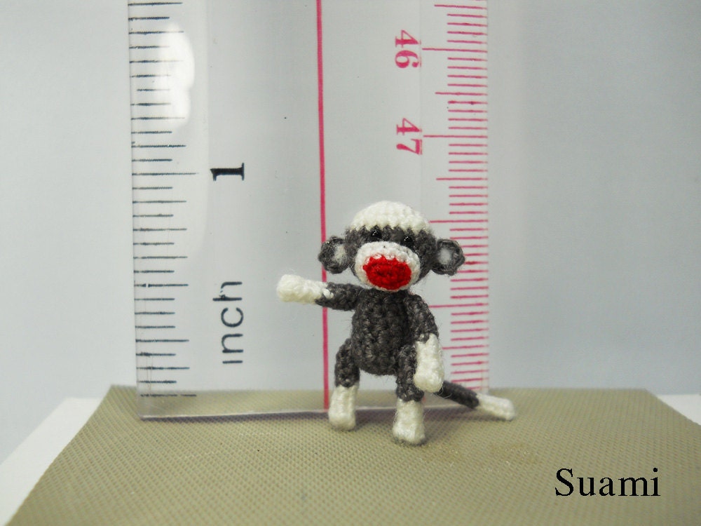 Tiny Sock Monkey 1 inch - Micro Amigurumi Crochet Miniature Sock Monkey Stuff Animal - Made To Order
