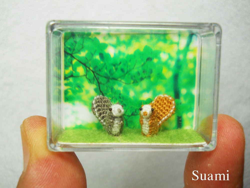 Extreme Tiny Squirrels - Micro Amigurumi Crochet Miniature Animal - Set of 2 Squirrels - Made To Order