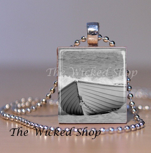Scrabble Tile Pendant Necklace - Boat Scrabble Tile - Black and White Boat on Shore - Upcycled  Jewelry-(BW2) FREE Silver Plated Ball Chain