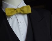 Linen Bow Tie, mustard green, skinny style, freestyle, self tie bowtie for men.