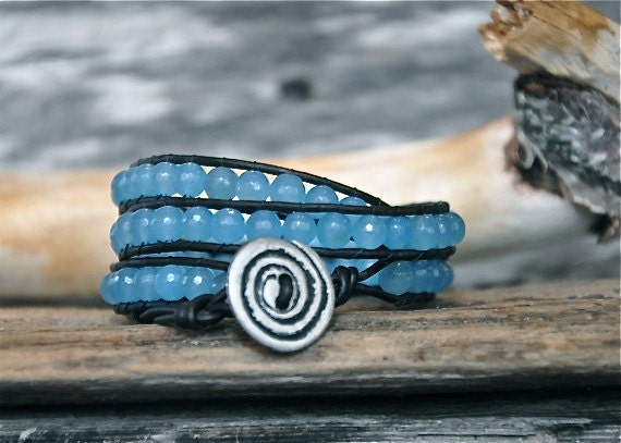 Boho Leather Wrap Blue Jade Bracelet