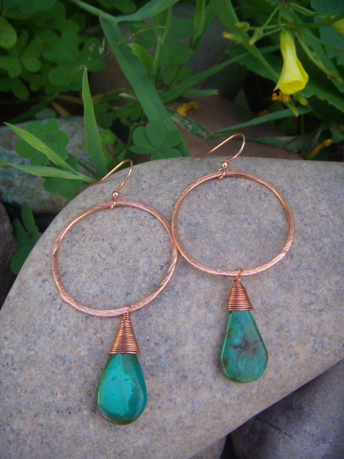 Hoop Dangle Earrings - Turquoise Copper Earrings - Turquoise Earrings - Large Dangle Earrings - Hammered Hoop Earrings