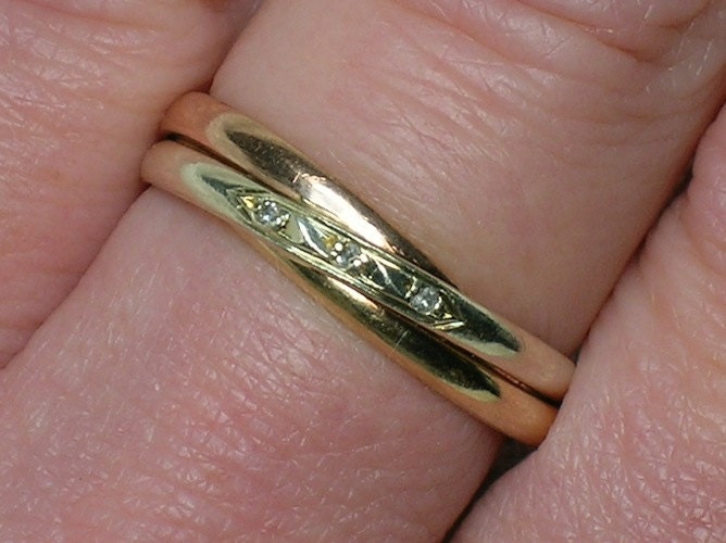 Vintage Ring: Russian Wedding Band, Tri-Color Gold, Diamonds, English made