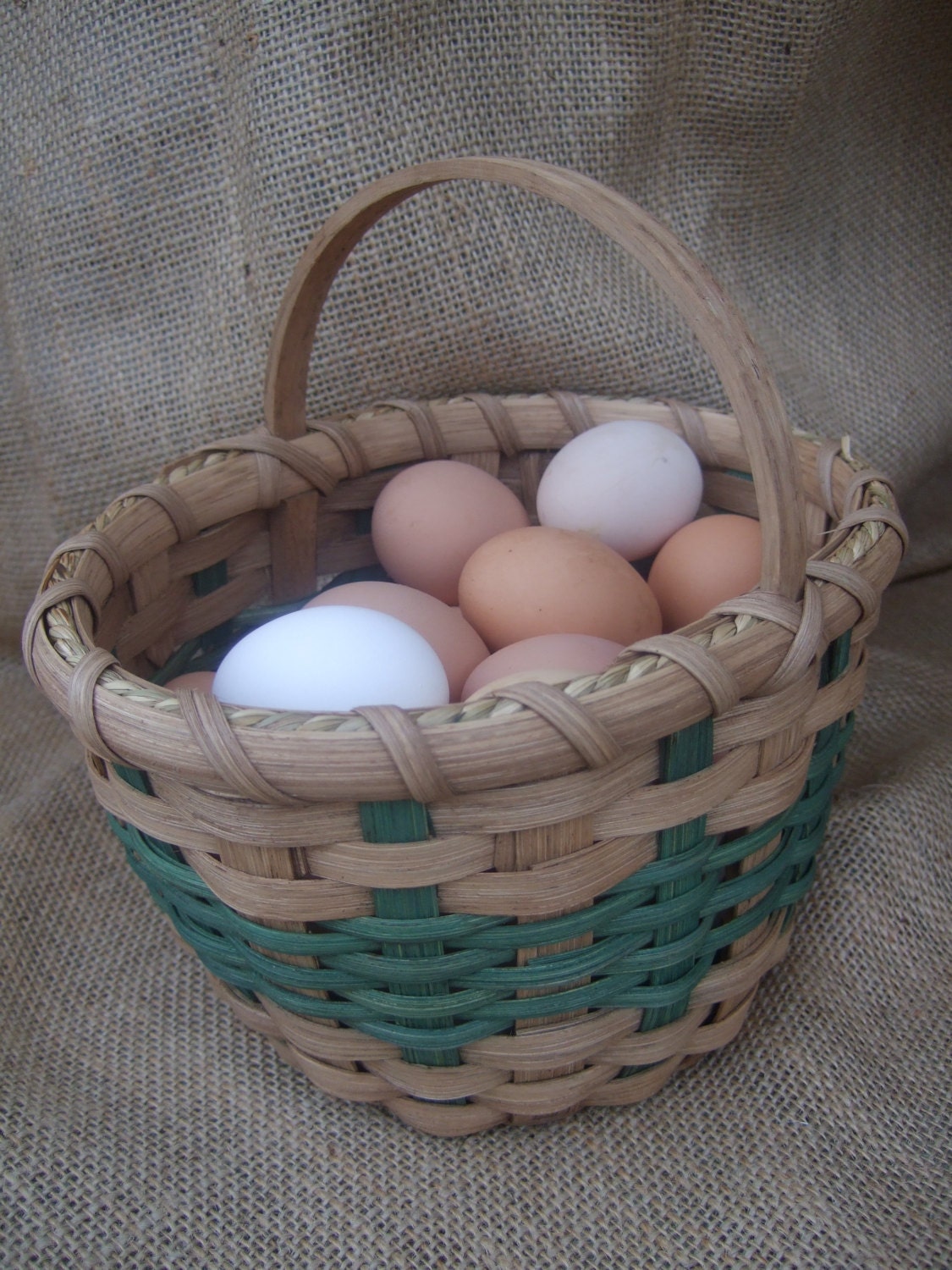 Egg Gathing Basket - Hand woven  with green accent reed, and stained with my own stain made from pecan shells