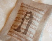 Romantic Lavender Sachet -Wedding Couple/ Bride and Groom Kissing w/ Musical Notes/ Sheet Music -Sepia and Black on Linen (under 10 dollars)