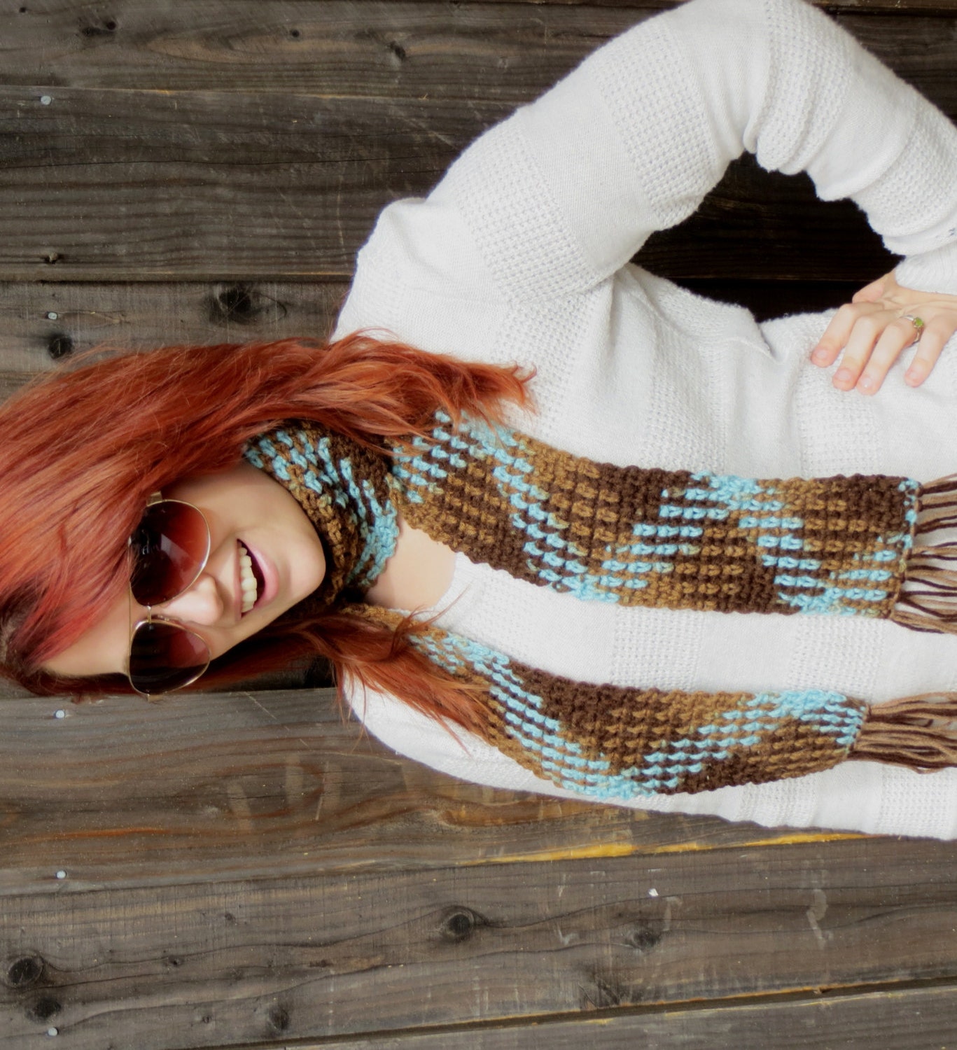 Long Scarf, Browns & Blue Argyle (crocheted zigzag scarf with fringe)