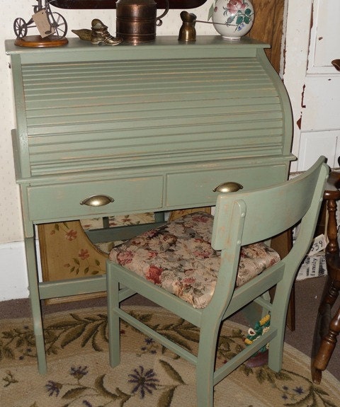 Cottage Chic Sage Green Roll Top Desk and Chair
