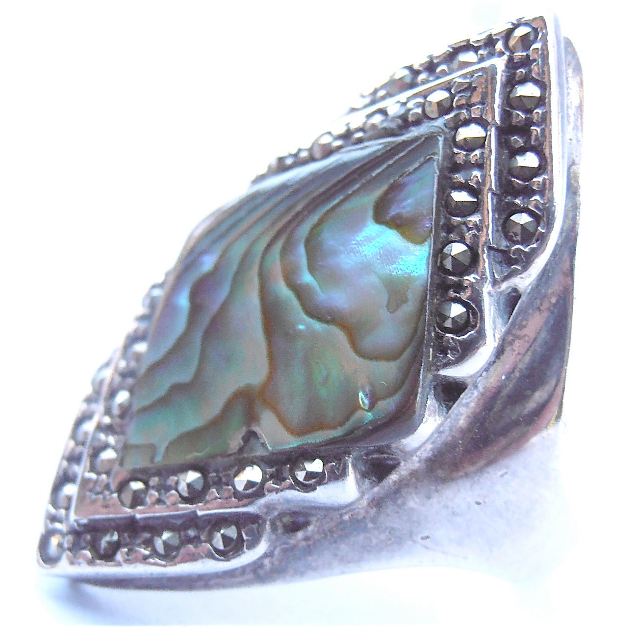 Vintage Paua Ring Vintage Abalone Ring Vintage Marcasite Ring Vintage Sterling Silver Ring Abalone Ladies Ring Size 7.5 925 NF Silver Ring