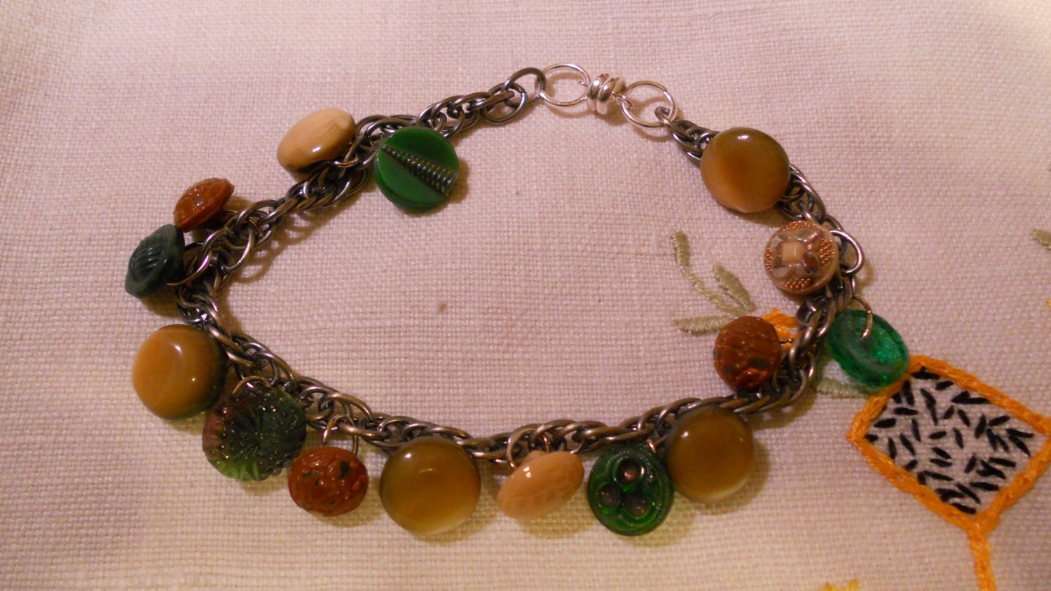 vintage petite button charm bracelet, green, butterscotch and rust