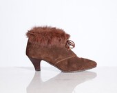 Brown Suede Booties with Rabbit Fur Trim / 6