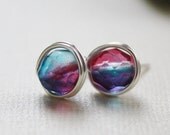 Stud earrings, nickel free, red and blue czech glass, silver plated wire wrap