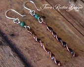 Copper twist earrings-Sterling silver earwires-Turquoise beads