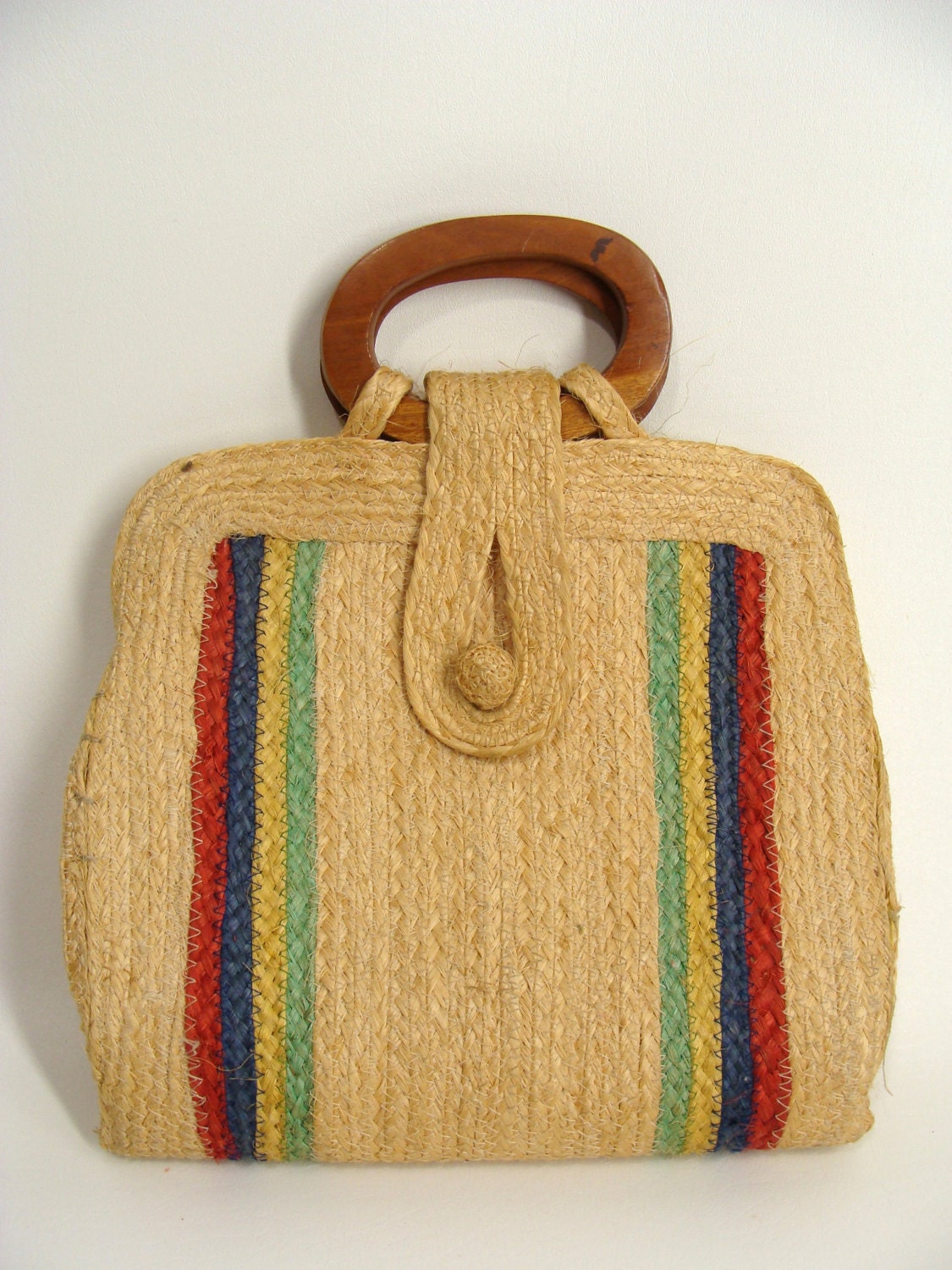vintage 70s 80s Straw RAINBOW Tote Summer Purse fits an ipad nook or kindle