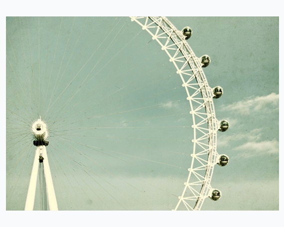 London-eye, London photography, pastel blue sky, big ferries wheel - 5x7 print, shabby shic wall decor, simple, mint green