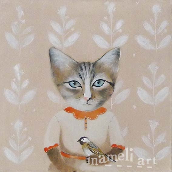 Cat illustration, lovely animal wall art, nursery room decoration, cat art, Playroom Decor, children animal print by inameliart