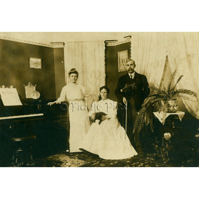 Antique Photograph / Family Portrait / Mother Father Daughter / Cat Piano Violin Doctor