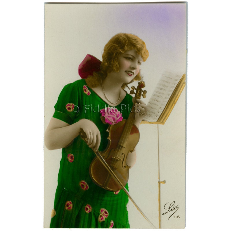 Antique Photograph / Hand Painted Photo / 1920s Flapper Woman with Violin Music / French Postcard