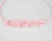 Light Pink Baby Headband - Extra Small Long Row Chiffon Flower Headband on Skinny Elastic - Newborn Toddler Girl First Birthday Headbands