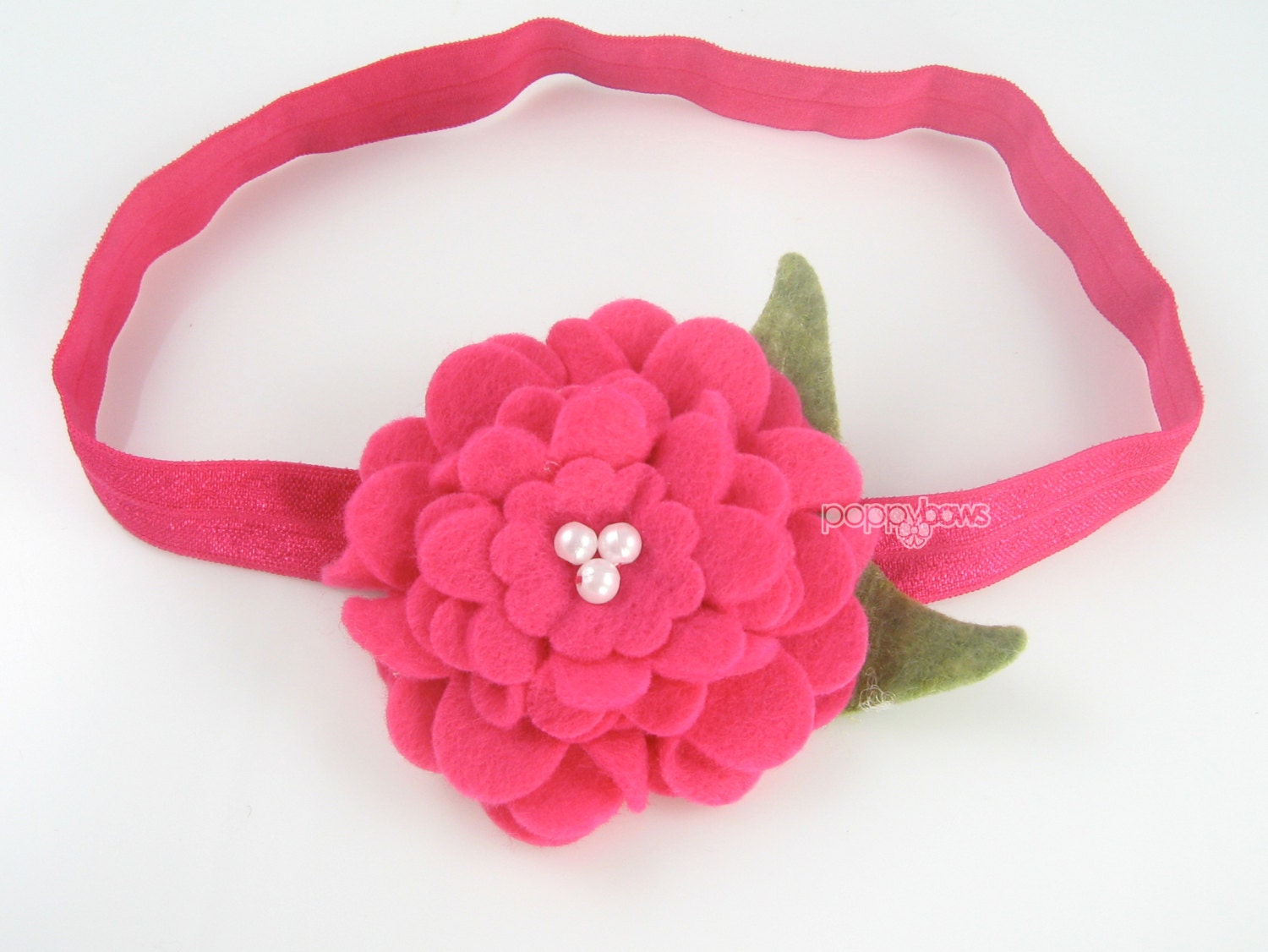 Wool Felt Baby Headband - Bright Pink Flower Leaves Pearl Center - Newborn Toddler Girl Special Occasion Photo Prop