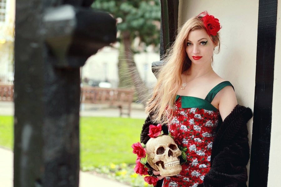 50s dress red skull & crossbones and roses. Perfect for Halloween One of a kind