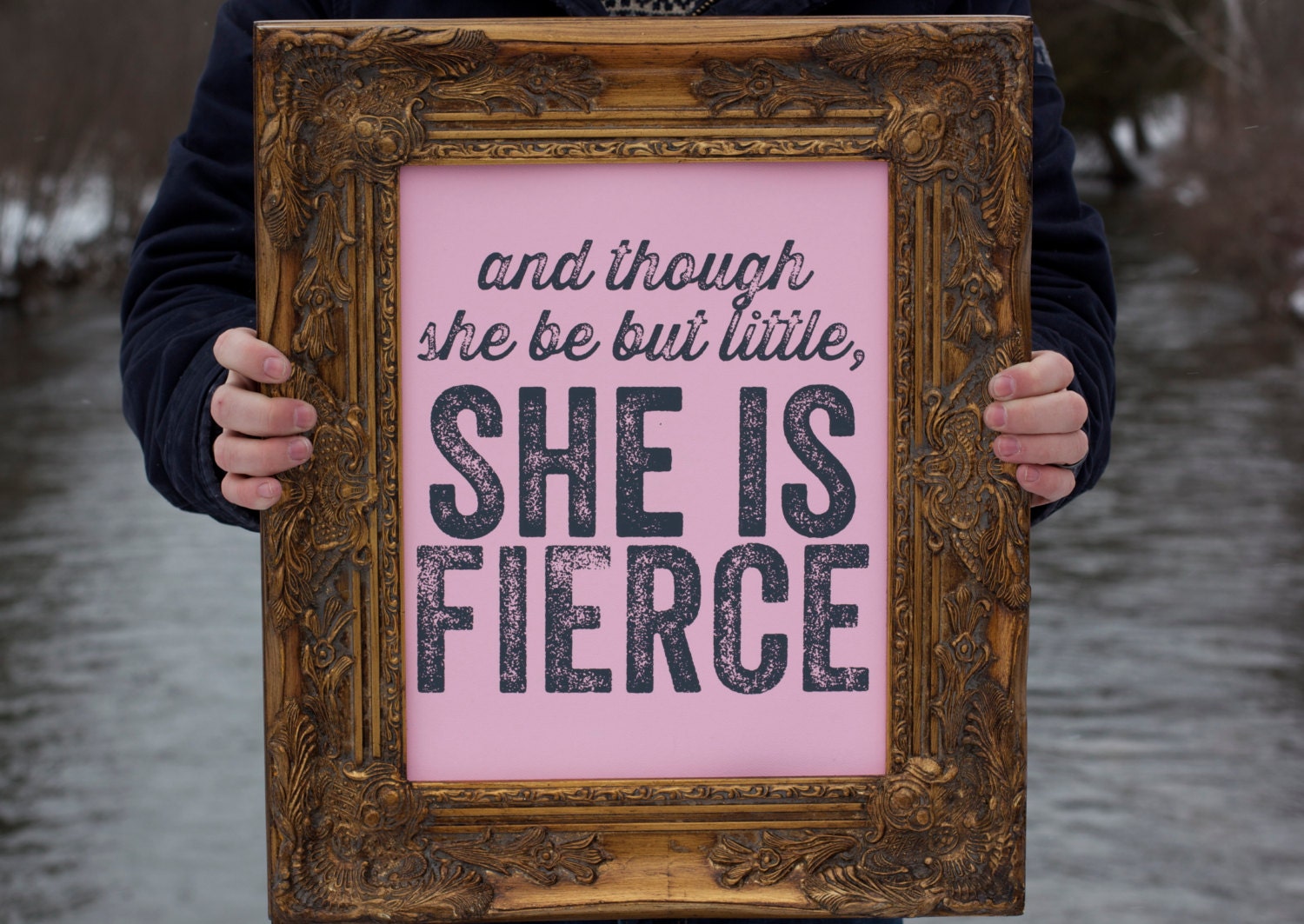 And though she be but little, she is fierce - Shakespeare Quote - Pink and Grey - 11x14 poster