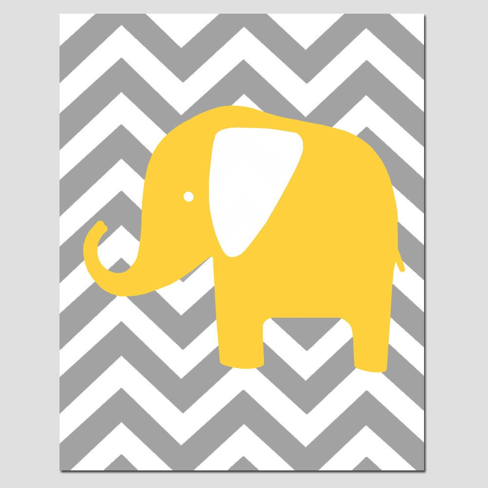 SALE -  Modern 8x10 Chevron Elephant Silhouette Print - Yellow, Gray, and White