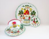 Vintage Toy Tin Playset Tea Set Ohio Art Farmhouse Barn Roosters Green Pink Aqua Toy Kitchen Toy Tin Dishes