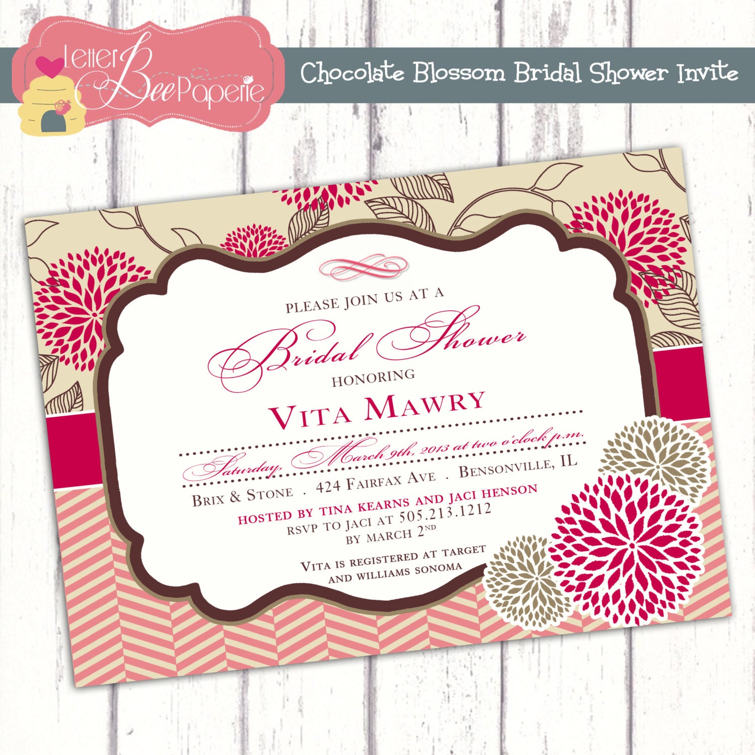 Chocolate Blossom Custom Bridal Shower Invitation - Additional Colors Available - Baby Shower, Birthday Invite - Printable Digital File Il_170x135