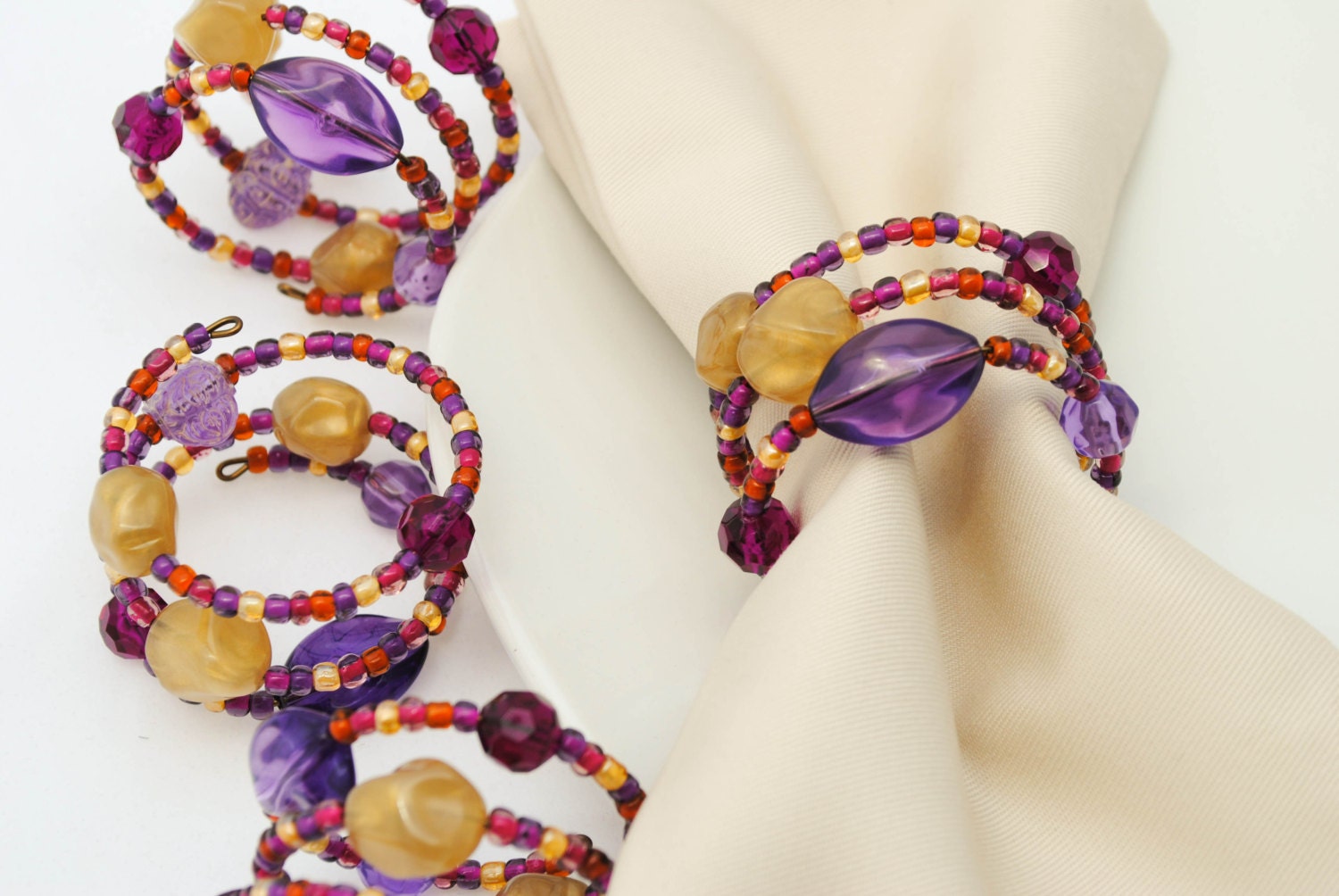 Beaded Napkin Rings - Set of 4 - Purple, Fuchsia, Orange and Gold