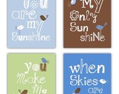 SALE You are my sunshine Blues, light green and Brown Art Prints, 4-8x10 prints, Matches Girl Nursery, nursery, or playroom