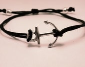 Silver Anchor Bracelet: Adjustable Cotton Cord Anchor Charm Bracelet, Anchor, Nautical, Sailor, Ocean