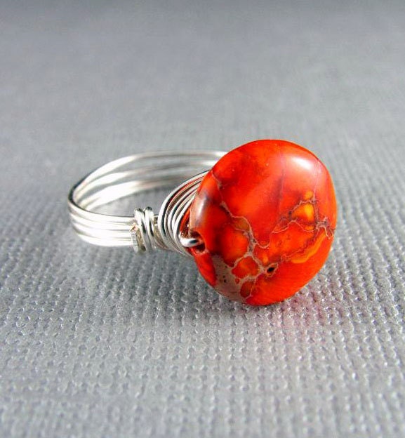 Wire Wrapped Ring Orange Jasper Silver Nickel Free Wire Wrapped Jewelry