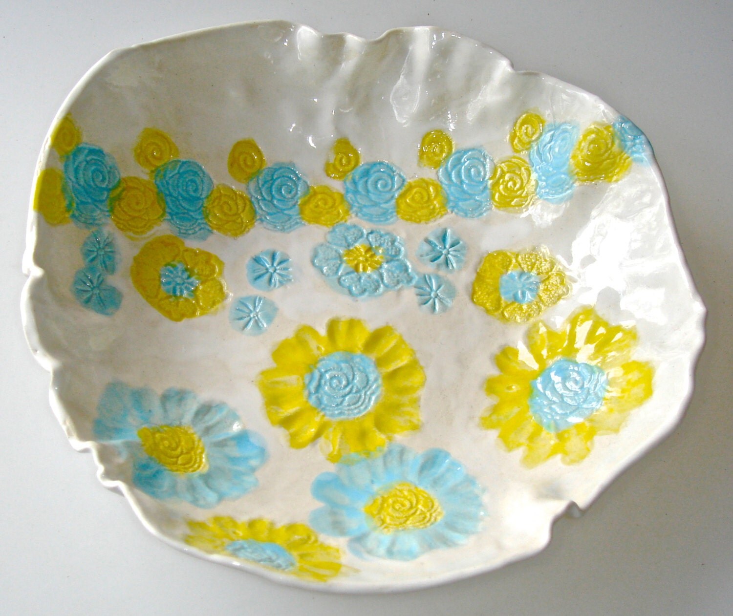 Ceramic serving bowl with turqoise and yellow flowers, spring decor, decorative bowl