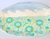 Flower Platter, Floral Decor, Hand Painted Ceramic Platter, organic shape, flower garden Platter, floral design, blue  yellow and turquoise