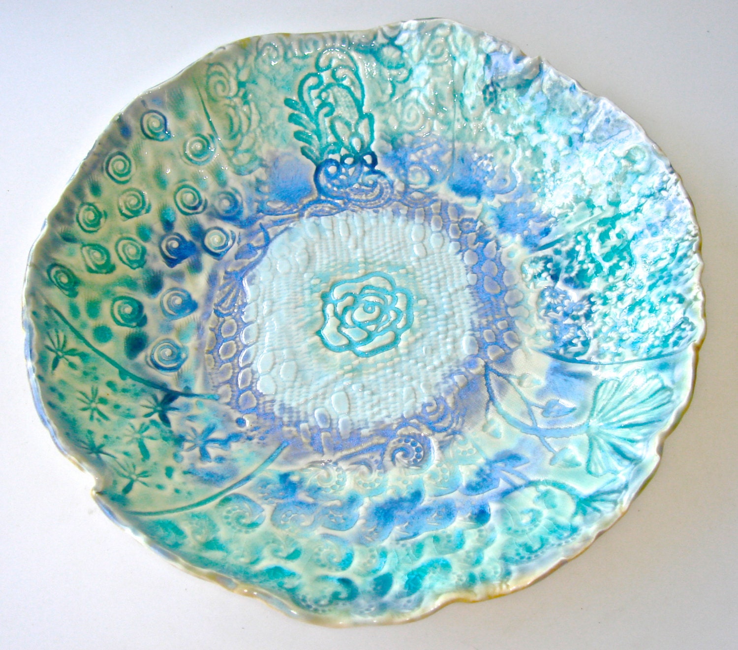 Romantic Lace Platter, Ceramic serving bowl, romantic lace bowl, turquoise serving bowl, pottery bowl,