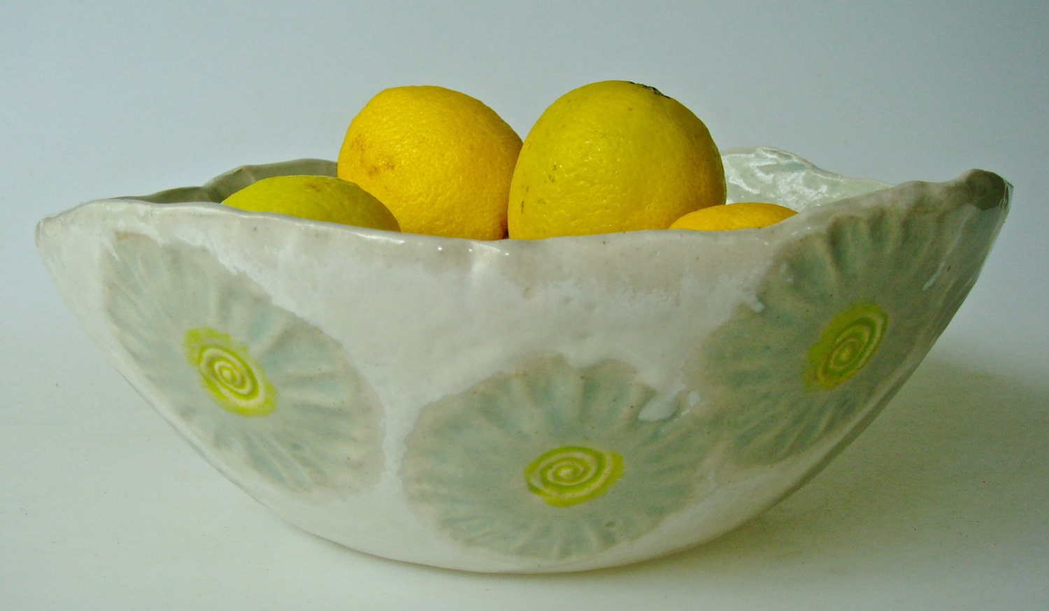 Ceramic serving bowl with celadon and chartreuse flowers, pottery serving bowl