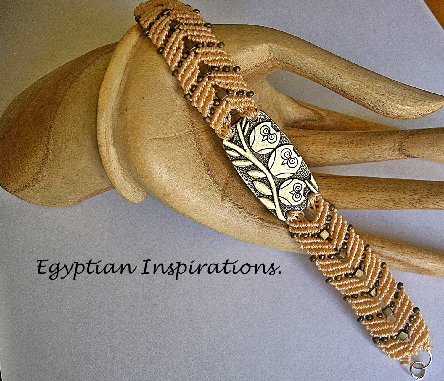 Micro macrame bracelet. Peach owl bracelet. Macrame jewelry.