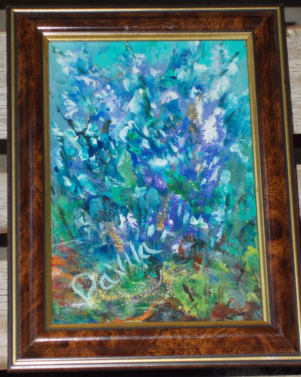 Original bluebonnet floral painting in acrylic by Texas artist signed and framed 5x7