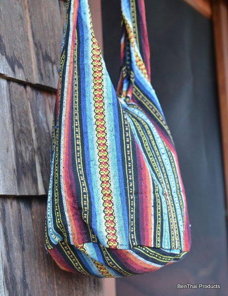 Hand Woven Cotton Bag Purse Hobo Hippie Sling Crossbody Messenger IKAT Lined Top Zip A19