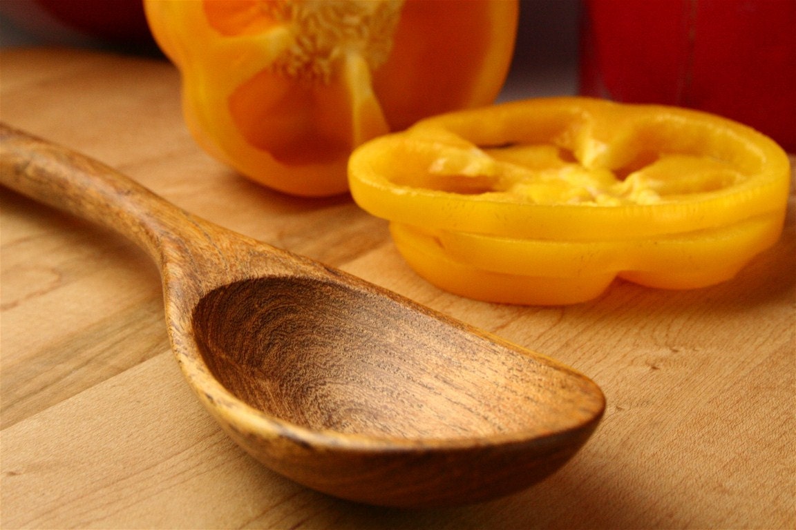 Left handed wooden spoon kitchen utensil hand carved from salvaged Mesquite wood